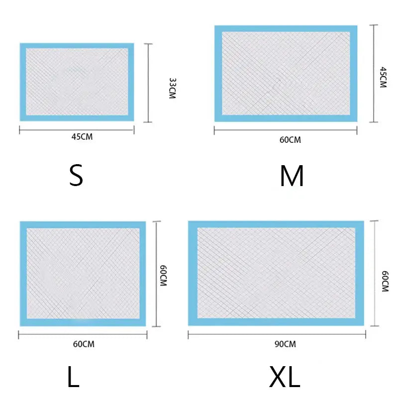 Tabela de tamanhos mostrando as dimensões dos protetores de treinamento para animais de estimação nos tamanhos S, M, L e XL.