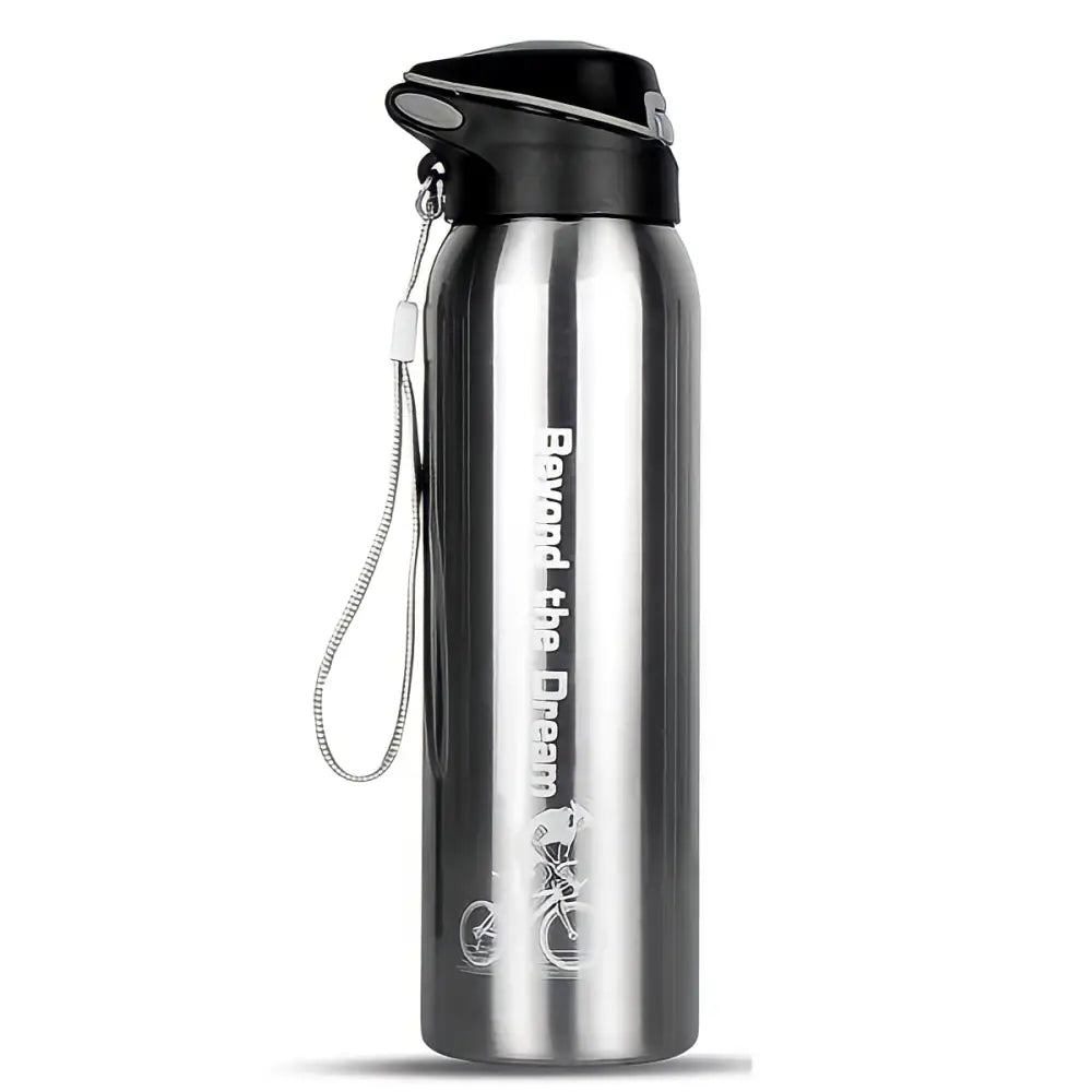 Garrafa de água de aço inoxidável com uma tampa preta e um gráfico de bicicleta.