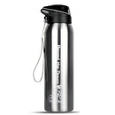 Garrafa de água de aço inoxidável com uma tampa preta e um gráfico de bicicleta.