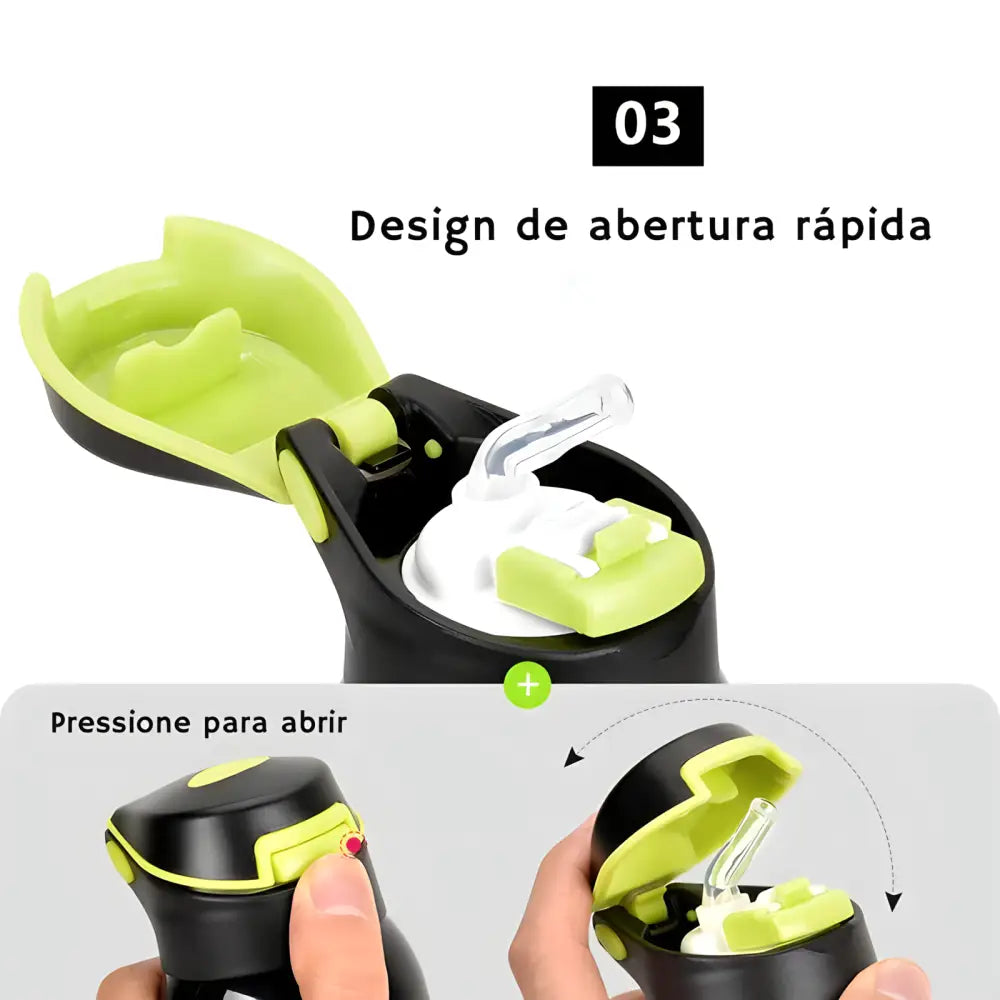 Caneca de viagem verde neon e preta com design de tampa de abertura rápida.