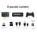 Conteúdo da embalagem do console de jogos exibido com ícones e rótulos de vários acessórios e componentes.
