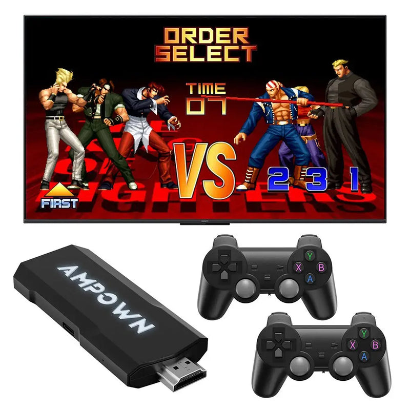 Tela de seleção de personagem de jogo de luta retrô exibida em uma TV com controles de jogos e um dispositivo USB abaixo.