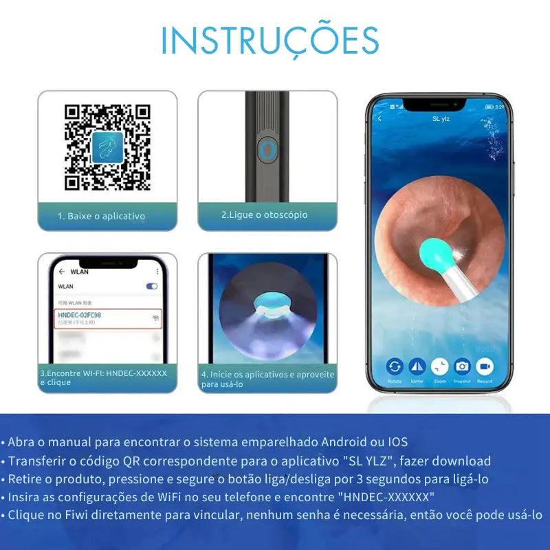 Conjunto de instruções para usar um dispositivo de exame de ouvido baseado em smartphone.