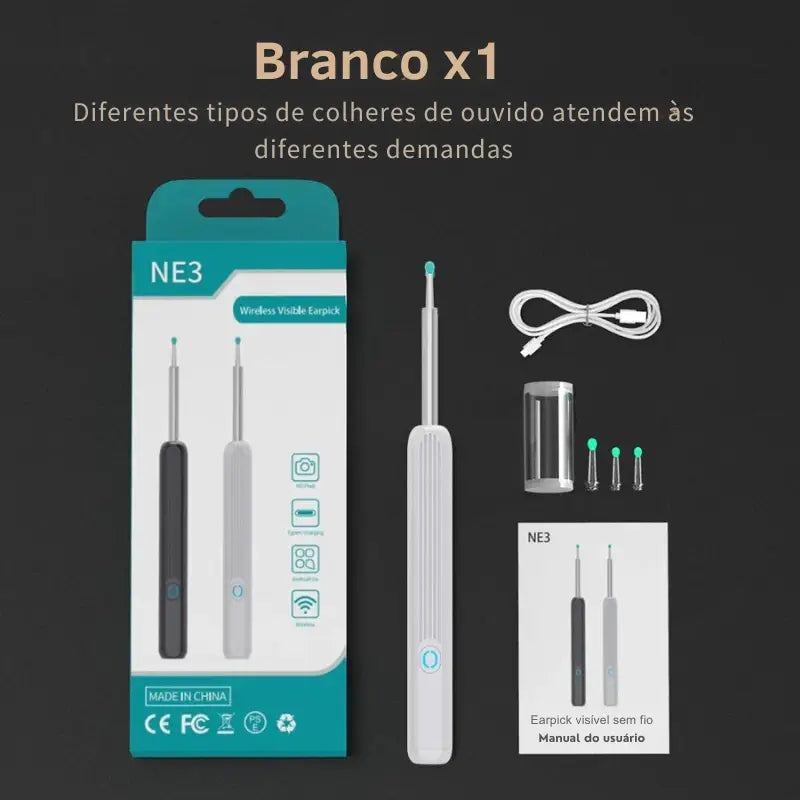 Kit de ferramentas para remoção de cera de ouvido com vários acessórios e embalagens.