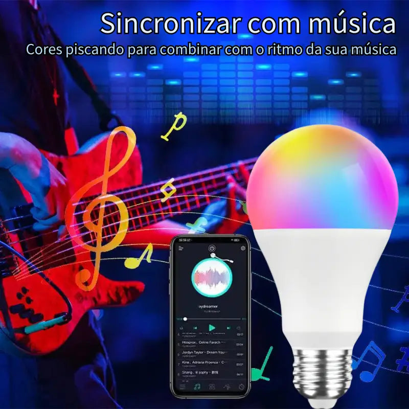 Lâmpada inteligente colorida sincronizada com a música reproduzida em um smartphone.