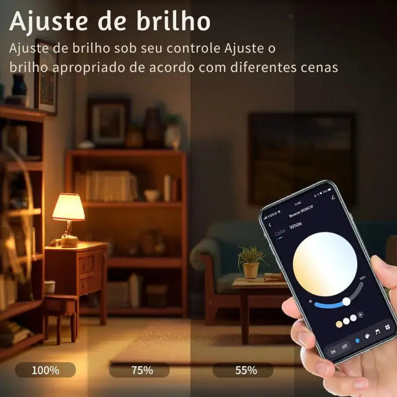 Smartphone que exibe uma interface de ajuste de brilho para controlar a iluminação do ambiente.