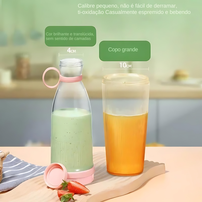 Dois recipientes de bebidas cheios de bebidas coloridas, um com garrafa de vidro e o outro com copo alto.