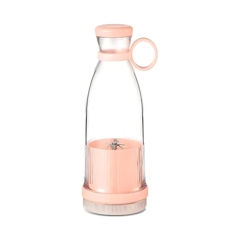 Garrafa de água de vidro com tampa rosa e compartimento para infusor.