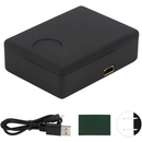 Dispositivo eletrônico retangular preto com um recorte circular e uma porta USB.