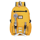 Mochila amarela brilhante com alças, zíperes e laços decorativos pretos.