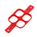 Forma de panqueca de silicone vermelha com quatro aberturas circulares.