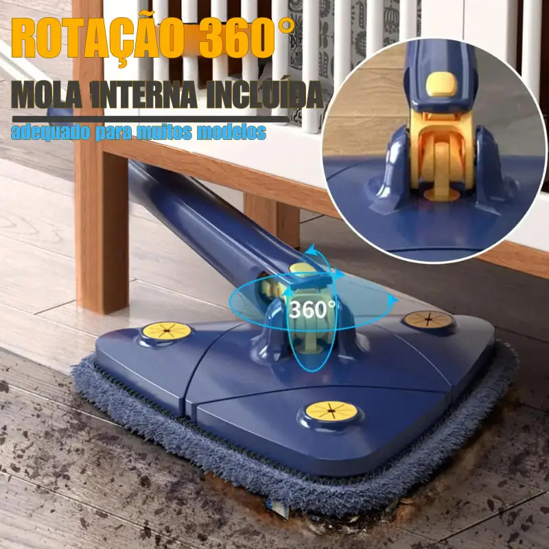 Mopa rotativa para piso com base azul e almofada de limpeza cinza.