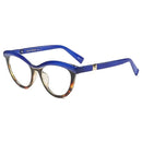 Óculos olho de gato com armação azul e padrão de tartaruga na parte inferior.