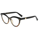 Óculos estilo olho de gato com armação em tartaruga e hastes pretas.