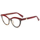 Óculos estilo olho de gato com armação em vermelho e tartaruga.