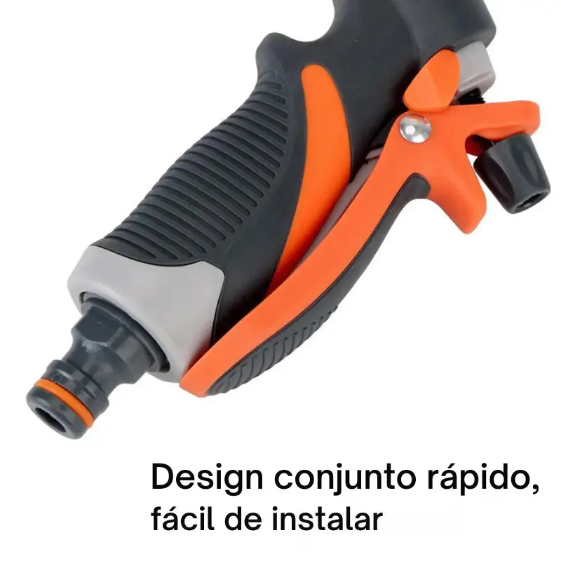 Bico de pulverização para mangueira de jardim com gatilho laranja e empunhadura ergonômica preta.