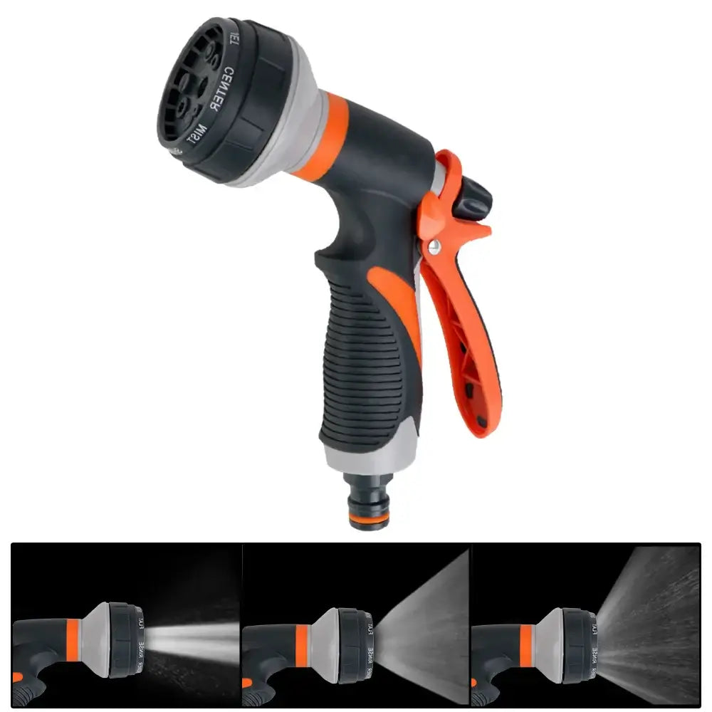 Bico de pulverização para mangueira de jardim com várias configurações de pulverização, nas cores laranja e cinza.