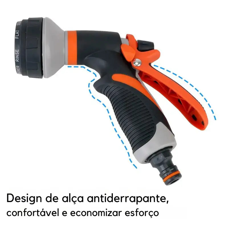 Bico de pulverização para mangueira de jardim com empunhadura ergonômica e várias configurações de pulverização.