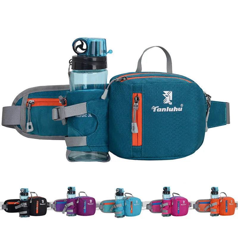 Bolsa de cintura em azul-petróleo com suporte para garrafa de água e vários compartimentos com zíper.