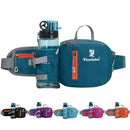 Bolsa de cintura em azul-petróleo com suporte para garrafa de água e vários compartimentos com zíper.