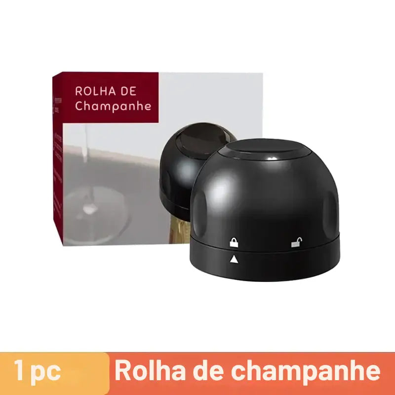 Rolha de garrafa de champanhe preta com formato de cúpula arredondada.