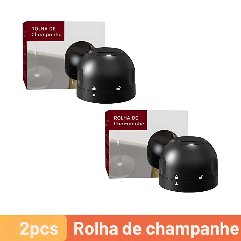 Rolhas de plástico preto para garrafas de champanhe com suas caixas de produtos.