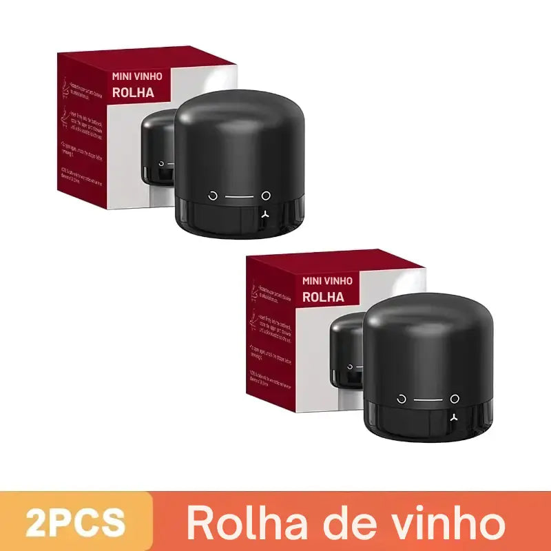 Dispositivo aerador de vinho cilíndrico preto com caixas de embalagem.