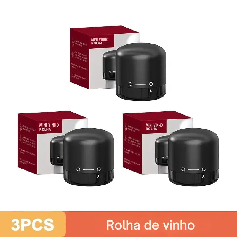 Dispositivo cilíndrico preto de conservação de vinho com sua embalagem de varejo.