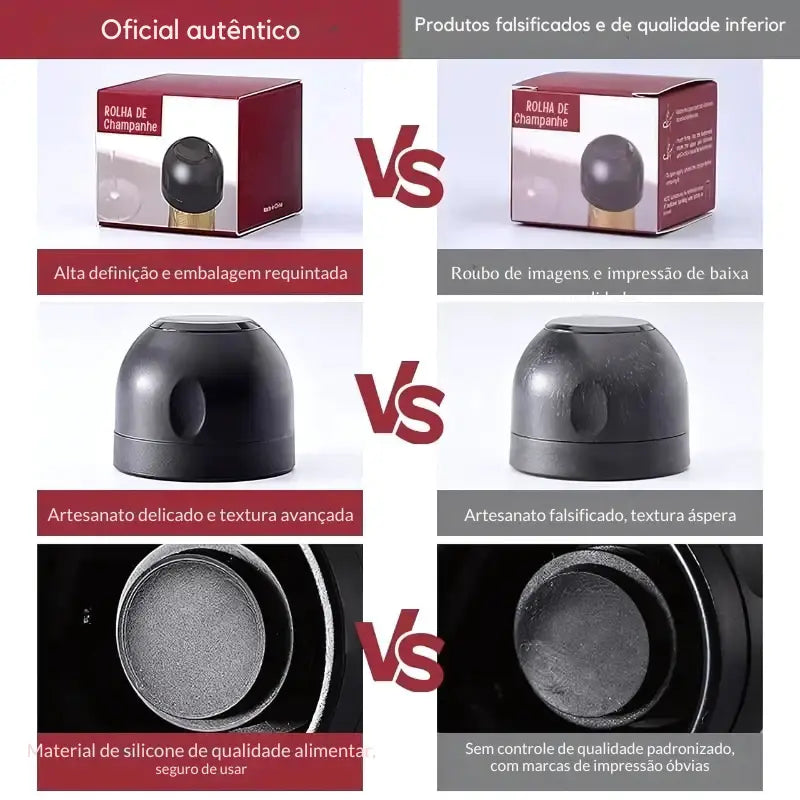 Gráfico de comparação mostrando as diferenças entre as versões autêntica e falsificada de um produto esférico preto.