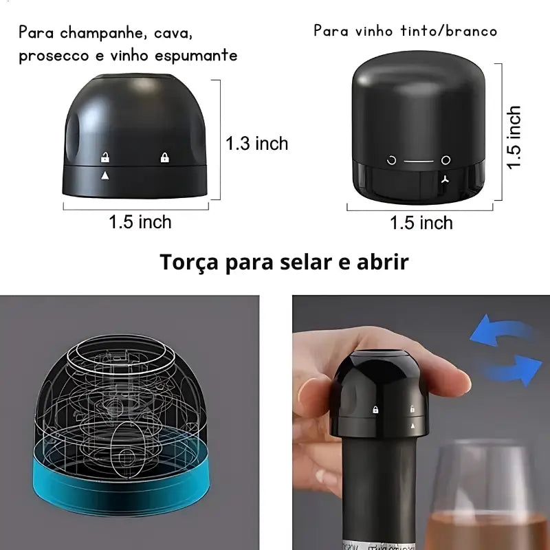 Rolha e vedador de garrafas de vinho com dimensões e instruções de uso mostradas em várias visualizações.