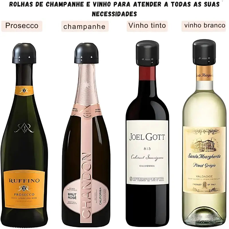 Quatro garrafas de vinho exibindo diferentes tipos de vinho: Prosecco, champanhe, vinho tinto e vinho branco.