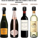 Quatro garrafas de vinho exibindo diferentes tipos de vinho: Prosecco, champanhe, vinho tinto e vinho branco.