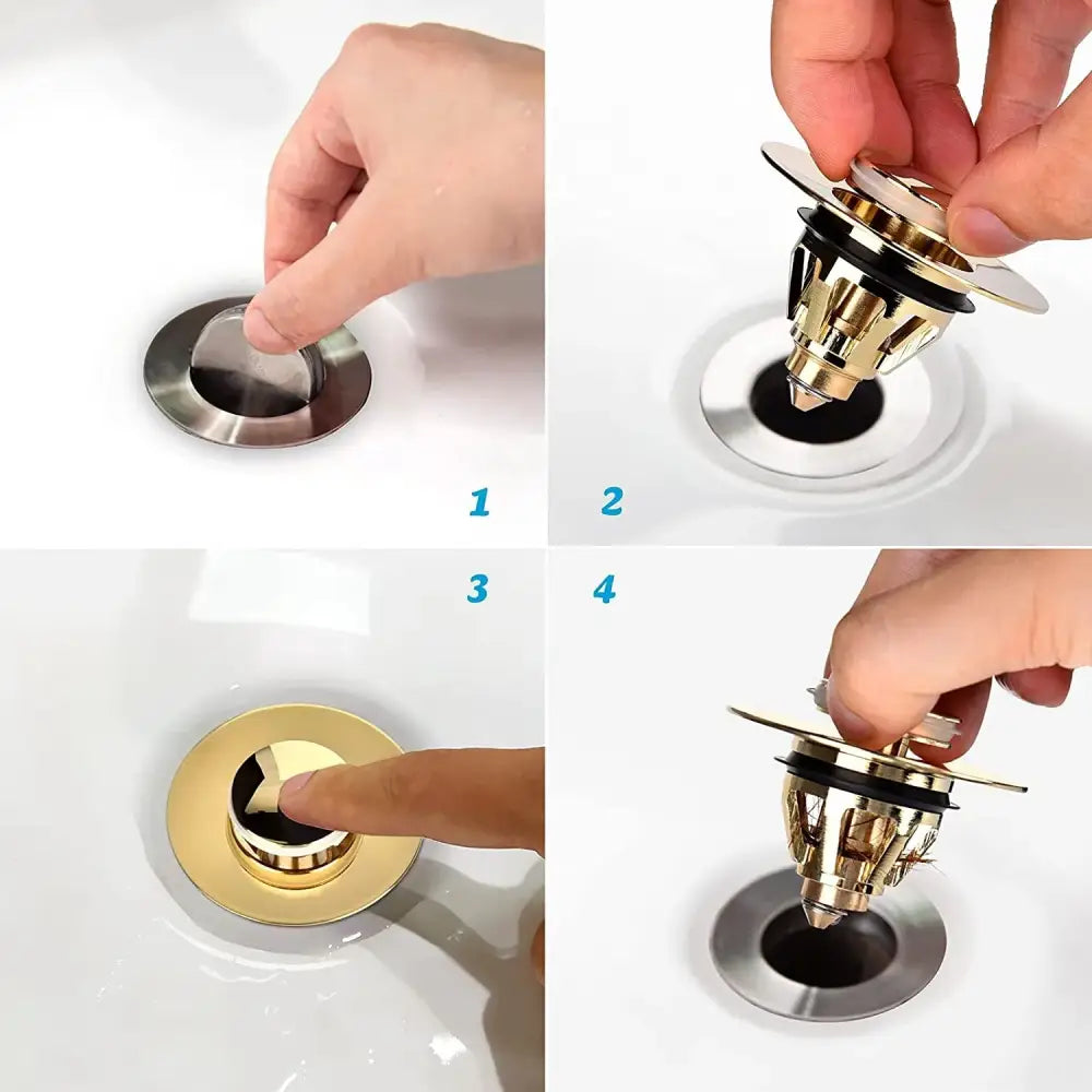 Mecanismo de bloqueio do ralo da pia mostrado em quatro etapas de instalação.