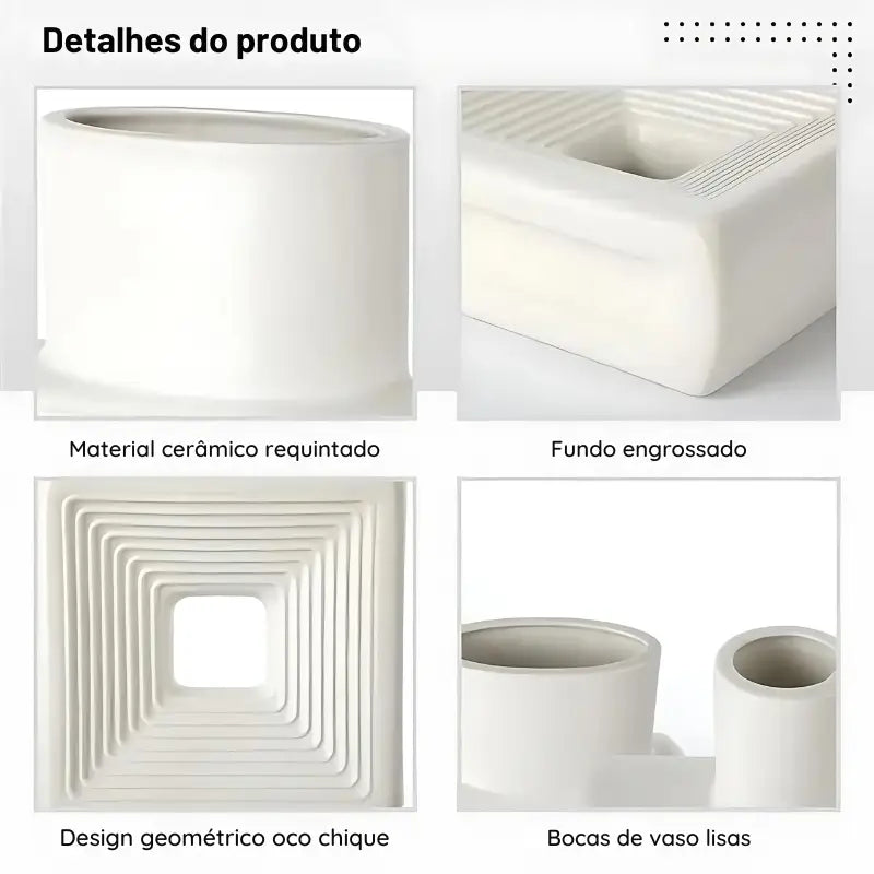 Vaso geométrico de cerâmica branca com abertura quadrada e design externo estriado.