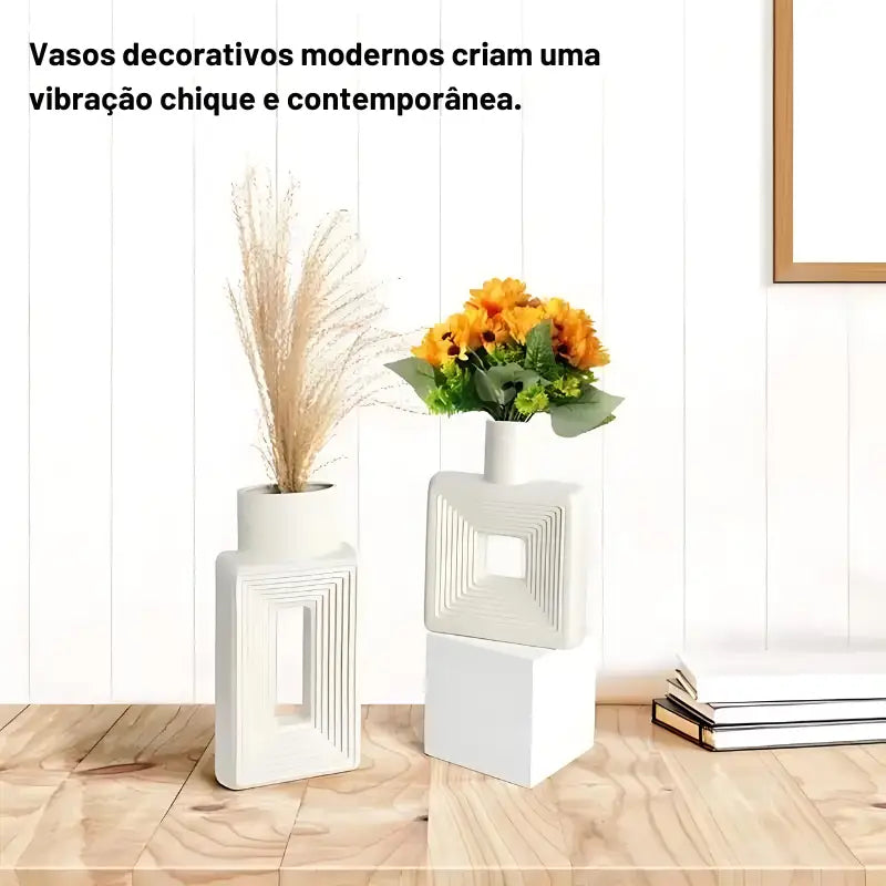 Vasos decorativos modernos com formas geométricas e designs contemporâneos.