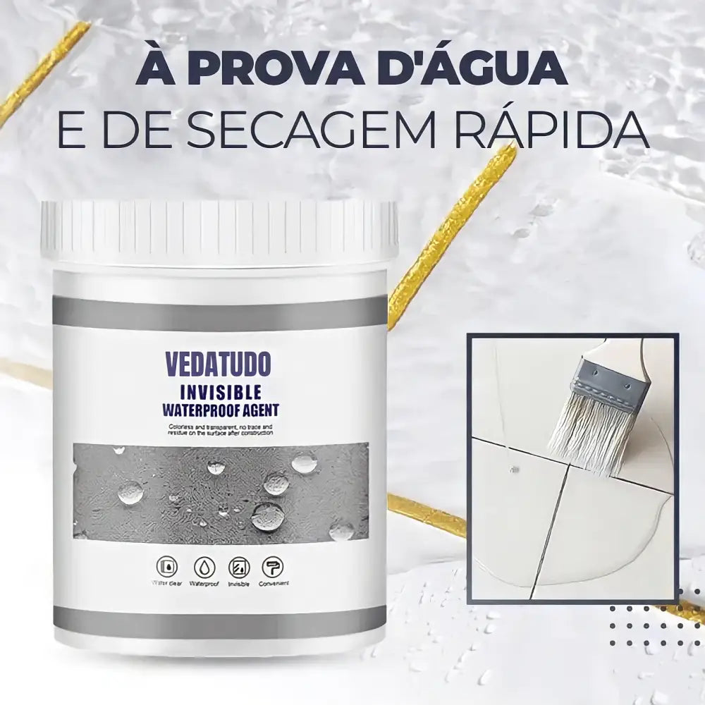 Lata de agente impermeabilizante com o rótulo ’Vedatudo Invisible’.