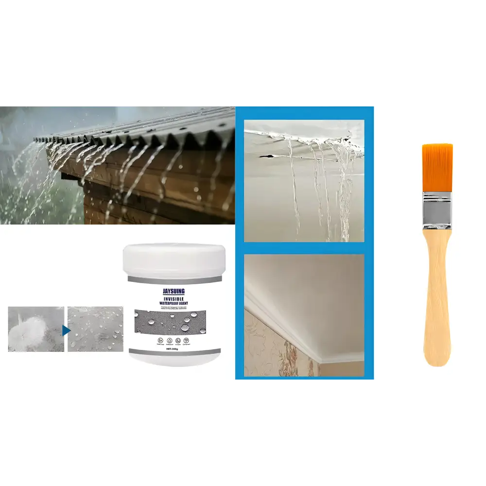 Colagem de imagens mostrando danos causados pela água e ferramentas de reparo, incluindo um pincel e um produto selante.