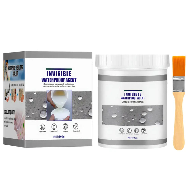 Produto impermeabilizante invisível com embalagem e pincel de aplicação.