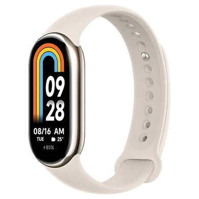Smartwatch ou rastreador de condicionamento físico com uma pulseira branca e visor colorido que mostra a hora e a data.