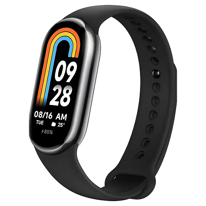 Rastreador de fitness preto e elegante com visor colorido que mostra a hora e a data.