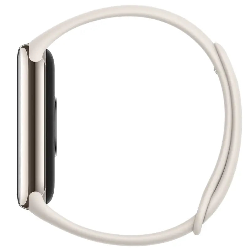 Smartwatch com pulseira branca e caixa metálica prateada.