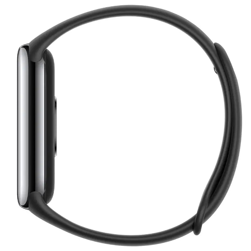 Smartwatch com pulseira preta e tela retangular.